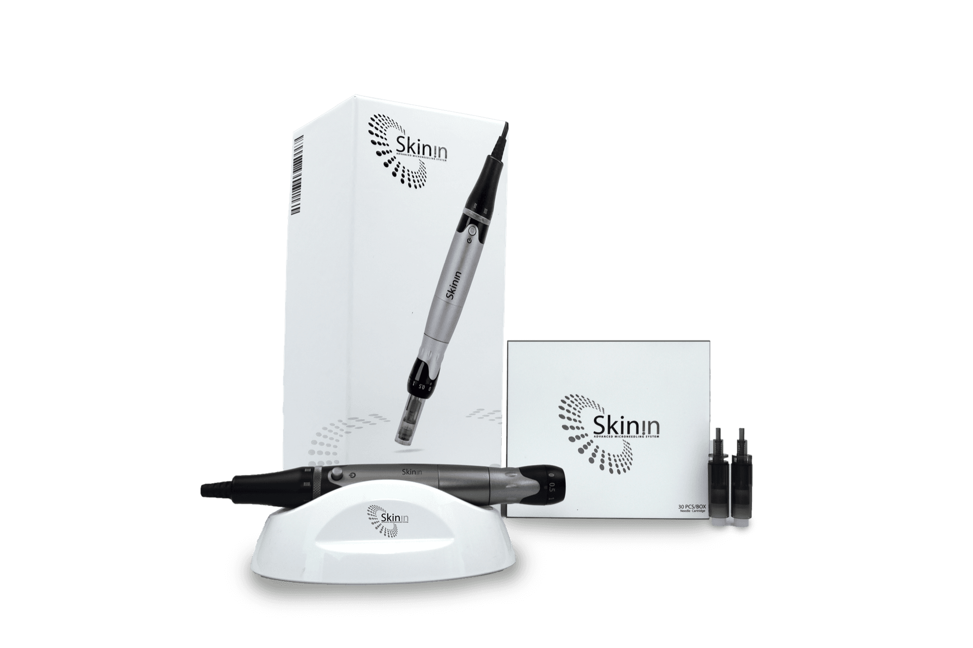 Skinin complete kit: retail box, micro-needling pen on stand, cartridge box and cartridges